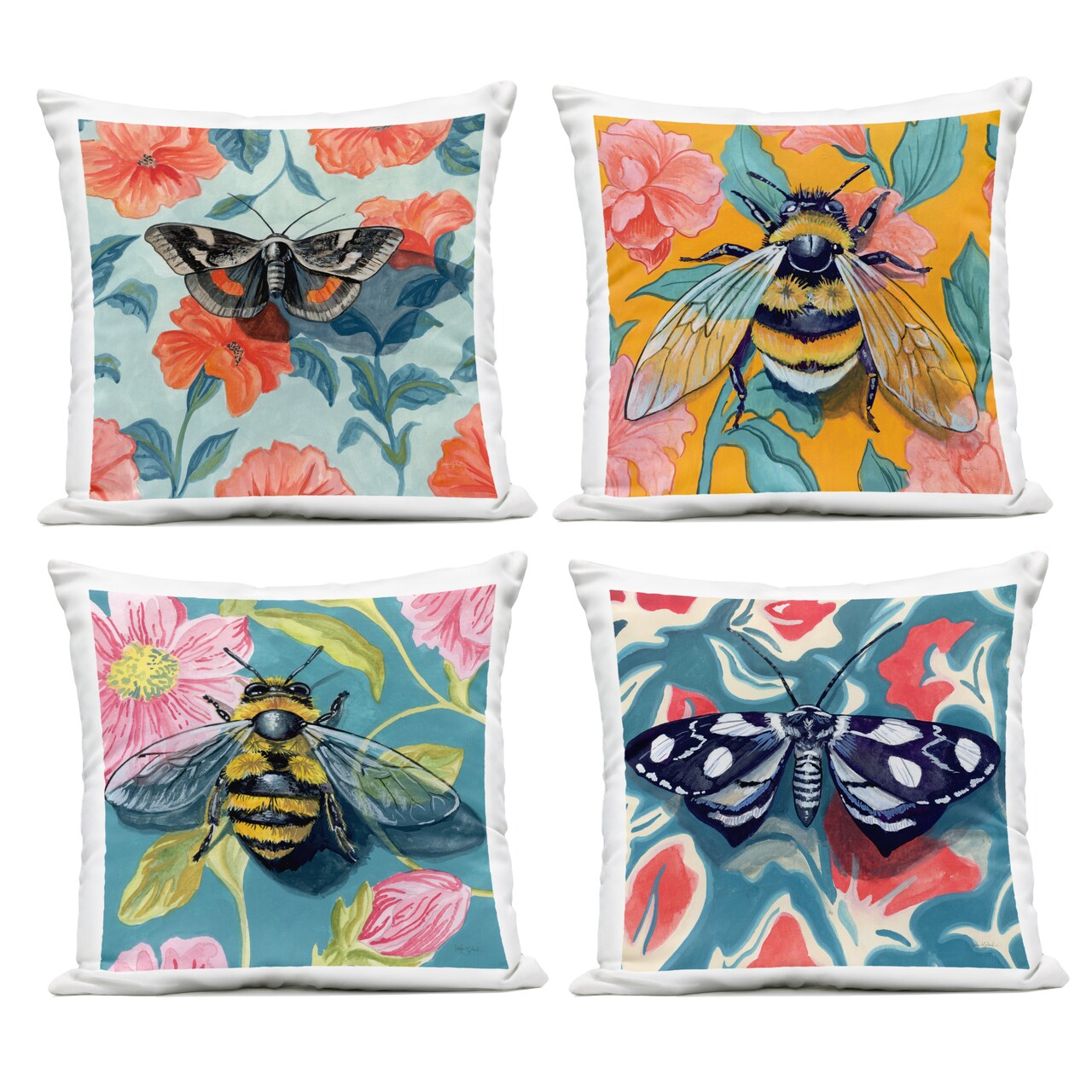 Stupell Industries Insects on Flower Patterns 4 Piece Outdoor Printed Pillow Set, design by Kate Jarvik Birch, 18 x 7 x 18